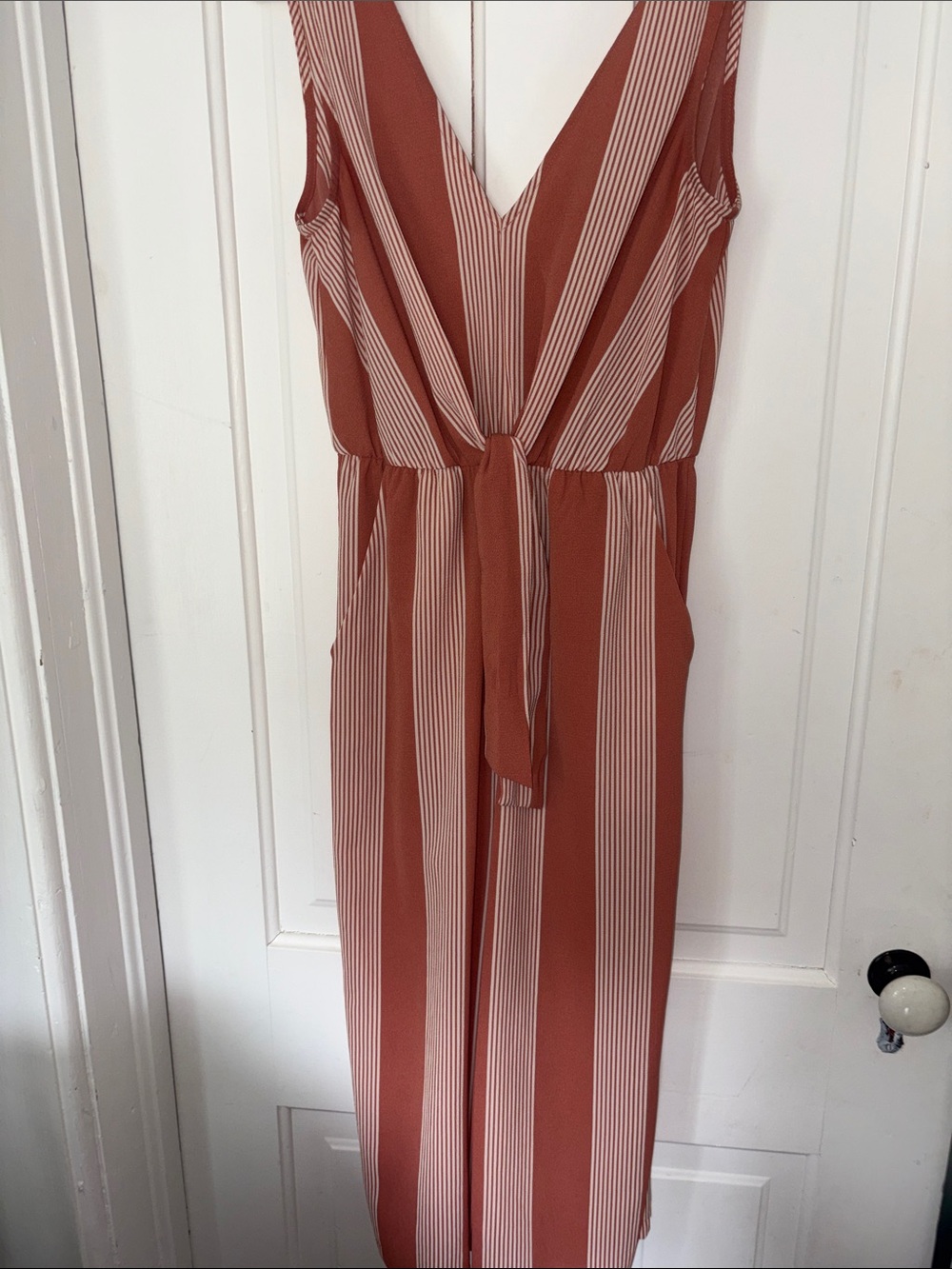 AUW Striped V-Neck Jumpsuit in Rust and Cream